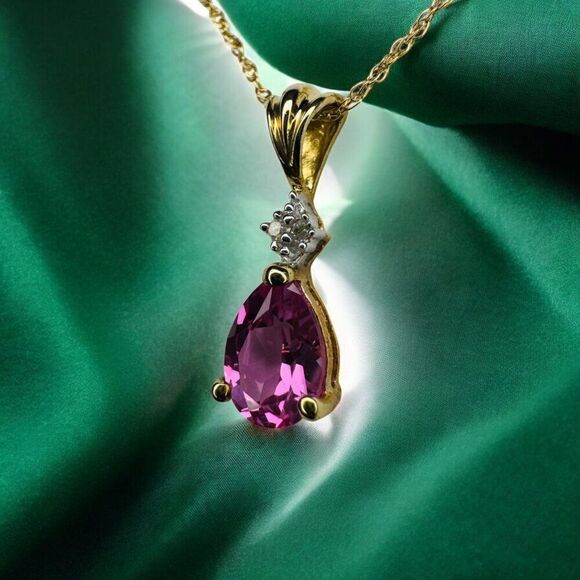 VINTAGE- 10K Gold -Pink Sapphire Diamond Necklace-18"- 1.5cttw - Pear Cut -1.1g - Picture 13 of 16